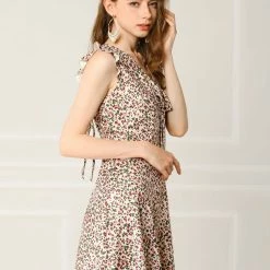 Allegra K Women's Floral V Neck Backless Lace-Up Sleeveless Skater Dress