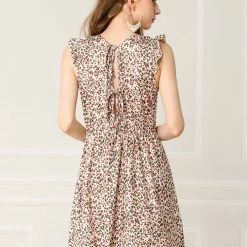 Allegra K Women's Floral V Neck Backless Lace-Up Sleeveless Skater Dress