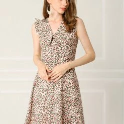 Allegra K Women's Floral V Neck Backless Lace-Up Sleeveless Skater Dress