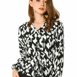 Allegra K Women's Spring Monochrome Animal Print Blouses V-Neck Long Sleeve Waist Drawstring Elegant Tops