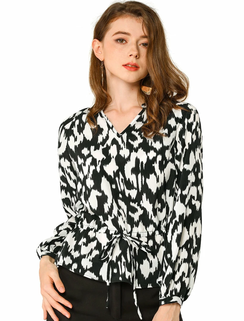 Allegra K Women's Spring Monochrome Animal Print Blouses V-Neck Long Sleeve Waist Drawstring Elegant Tops 3 Allegra K Women's Spring Monochrome Animal Print Blouses V-Neck Long Sleeve Waist Drawstring Elegant Tops