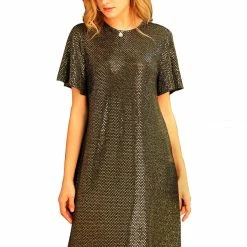 Allegra K Women's Sparkle Sequin Flutter Short Sleeve Shift Metallic Dress
