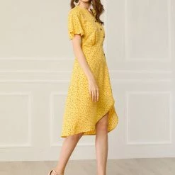 Allegra K Women's Short Sleeve Casual V Neck Asymmetrical High Low Floral Midi Dress