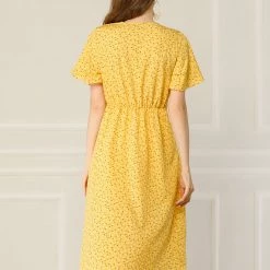 Allegra K Women's Short Sleeve Casual V Neck Asymmetrical High Low Floral Midi Dress