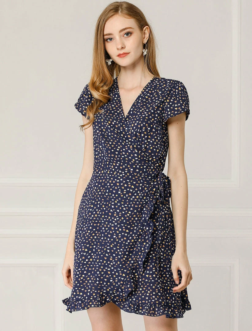 Allegra K Women's Spring Ruffle Hem Irregular Dot Short Sleeve Above Knee Length V-Neck Chiffon Floral Wrap Dress 5 Allegra K Women's Spring Ruffle Hem Irregular Dot Short Sleeve Above Knee Length V-Neck Chiffon Floral Wrap Dress