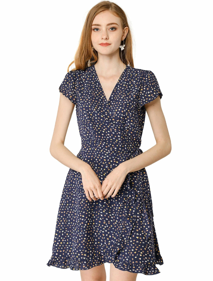 Allegra K Women's Spring Ruffle Hem Irregular Dot Short Sleeve Above Knee Length V-Neck Chiffon Floral Wrap Dress 3 Allegra K Women's Spring Ruffle Hem Irregular Dot Short Sleeve Above Knee Length V-Neck Chiffon Floral Wrap Dress