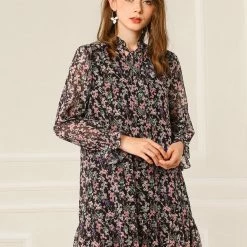 Allegra K Women's Ruffle Tie Neck Loose Shift Floral Dress