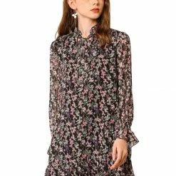 Allegra K Women's Ruffle Tie Neck Loose Shift Floral Dress