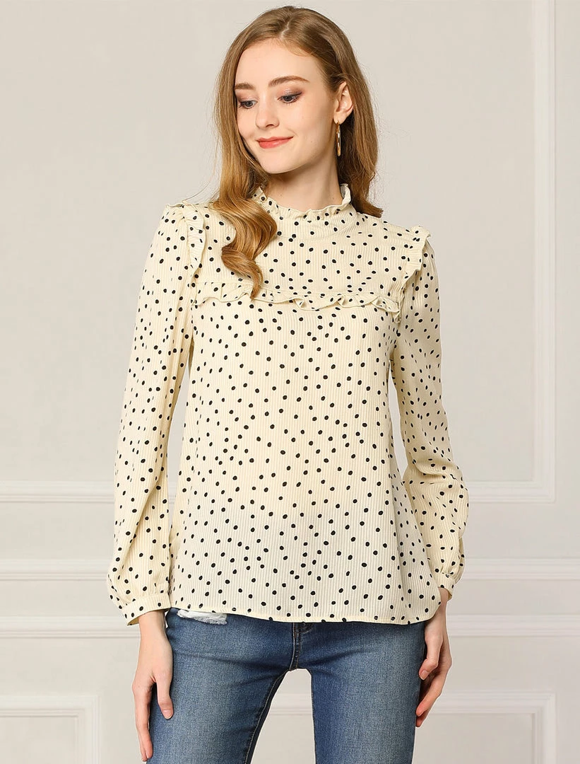 Allegra K Women's Ruffle Trim Polka Dots Blouse Long Sleeve Back Bow Tie Cute Top Shirt 4 Allegra K Women's Ruffle Trim Polka Dots Blouse Long Sleeve Back Bow Tie Cute Top Shirt