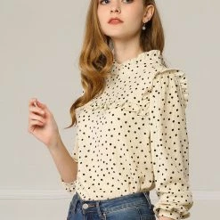 Allegra K Women's Ruffle Trim Polka Dots Blouse Long Sleeve Back Bow Tie Cute Top Shirt 41 Allegra K Women's Ruffle Trim Polka Dots Blouse Long Sleeve Back Bow Tie Cute Top Shirt