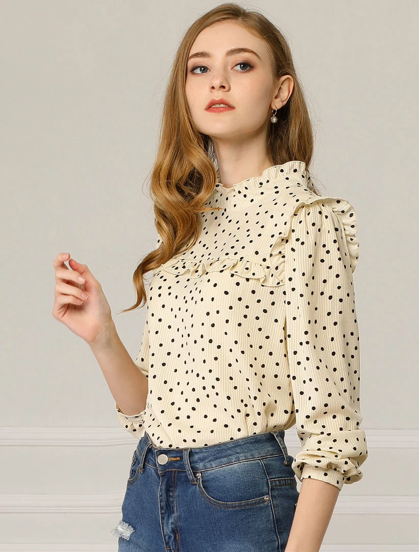 Allegra K Women's Ruffle Trim Polka Dots Blouse Long Sleeve Back Bow Tie Cute Top Shirt 6 Allegra K Women's Ruffle Trim Polka Dots Blouse Long Sleeve Back Bow Tie Cute Top Shirt