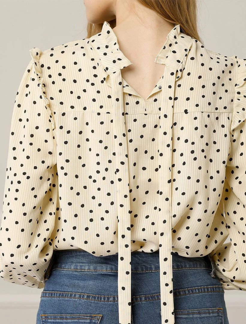 Allegra K Women's Ruffle Trim Polka Dots Blouse Long Sleeve Back Bow Tie Cute Top Shirt 8 Allegra K Women's Ruffle Trim Polka Dots Blouse Long Sleeve Back Bow Tie Cute Top Shirt