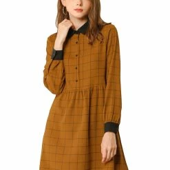 Allegra K Women's Plaid Long Sleeve Half Placket Contrast Point Collar Shirt Dress