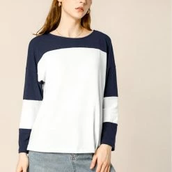 Allegra K Women's Color Block Long Sleeve Stretch Round Neck Knit Top
