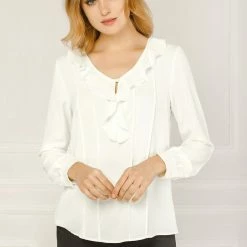 Allegra K Women's Ruffle V Neck Chiffon Blouse For Office Work Pleated Vintage Shirt