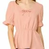 Allegra K Women's Peplum Top Elastic Waist Scoop Neck Short Puff Sleeve Blouse