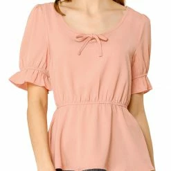 Allegra K Women's Peplum Top Elastic Waist Scoop Neck Short Puff Sleeve Blouse
