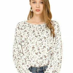 Allegra K Women's Floral Bishop Long Sleeves Round Neck Casual Blouse Top