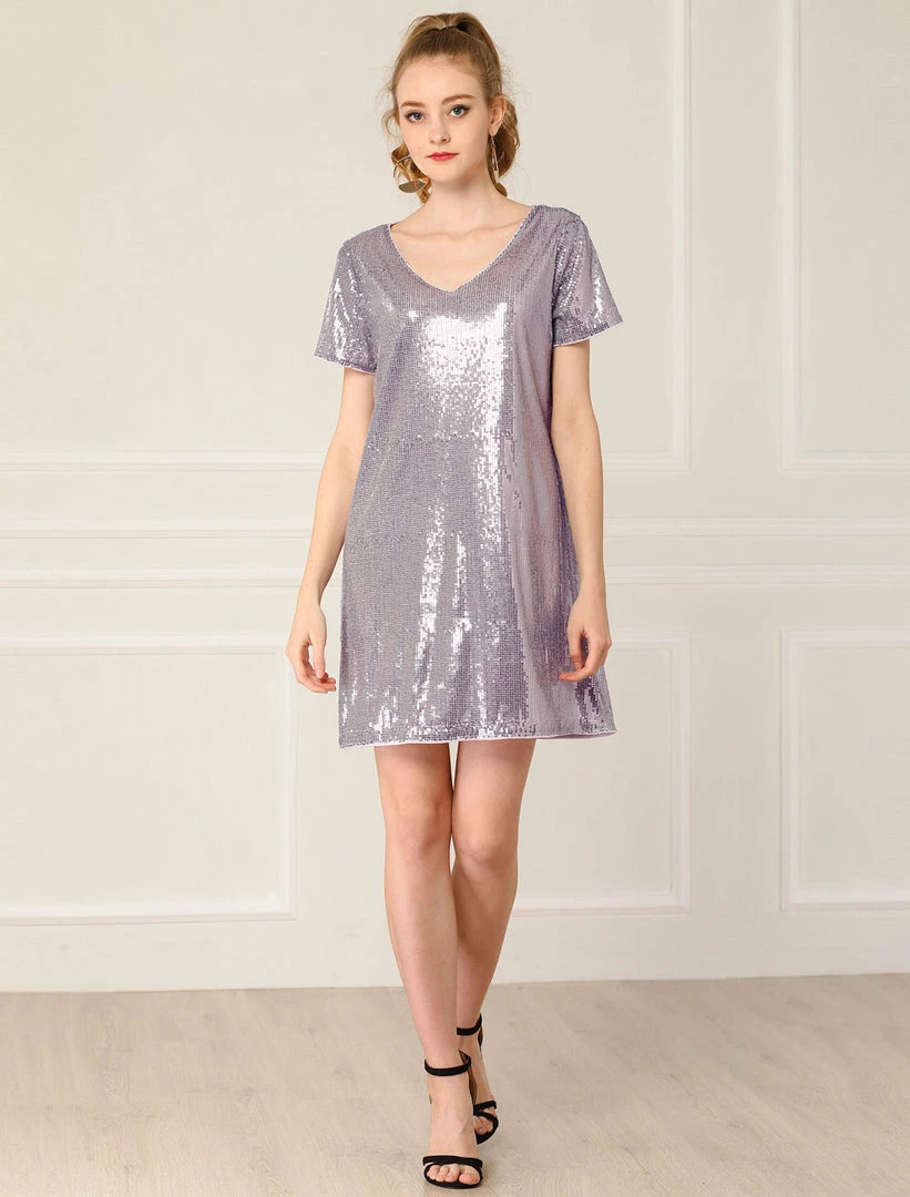Allegra K Women's Glitter Sparkle V Neck Mini Party Club Sequin Dress 6 Allegra K Women's Glitter Sparkle V Neck Mini Party Club Sequin Dress