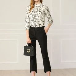 Allegra K Women's Pleated Neck 3/4 Sleeve Casual Office Dot Print Blouse Top