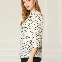 Allegra K Women's Pleated Neck 3/4 Sleeve Casual Office Dot Print Blouse Top