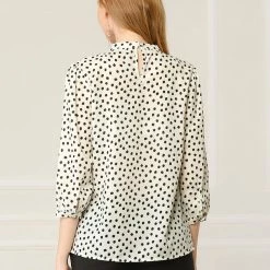 Allegra K Women's Pleated Neck 3/4 Sleeve Casual Office Dot Print Blouse Top
