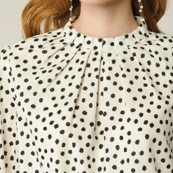 Allegra K Women's Pleated Neck 3/4 Sleeve Casual Office Dot Print Blouse Top