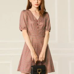Allegra K Women's Plaid Lantern Sleeves V Neck Button Decor A-Line Mini Dress 17 Allegra K Women's Plaid Lantern Sleeves V Neck Button Decor A-Line Mini Dress
