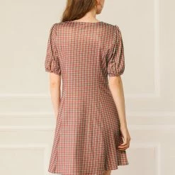 Allegra K Women's Plaid Lantern Sleeves V Neck Button Decor A-Line Mini Dress 18 Allegra K Women's Plaid Lantern Sleeves V Neck Button Decor A-Line Mini Dress