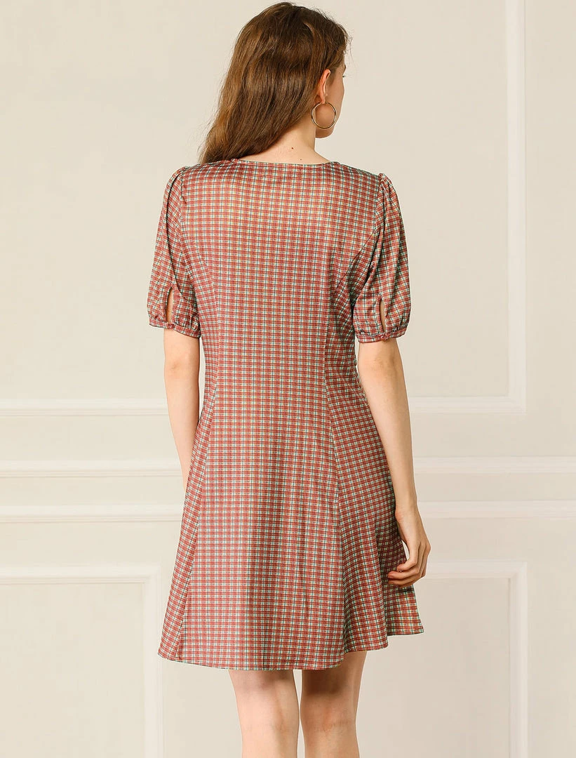 Allegra K Women's Plaid Lantern Sleeves V Neck Button Decor A-Line Mini Dress 7 Allegra K Women's Plaid Lantern Sleeves V Neck Button Decor A-Line Mini Dress