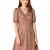 Allegra K Women's Plaid Lantern Sleeves V Neck Button Decor A-Line Mini Dress