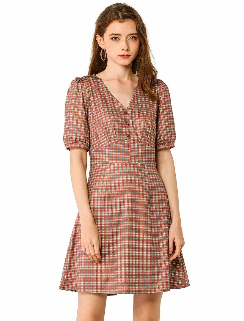 Allegra K Women's Plaid Lantern Sleeves V Neck Button Decor A-Line Mini Dress 3 Allegra K Women's Plaid Lantern Sleeves V Neck Button Decor A-Line Mini Dress