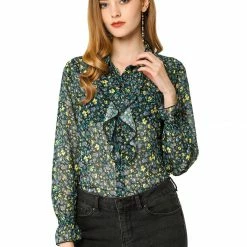 Allegra K Women's Collar Button Down Floral Long Sleeve Ruffled Shirt
