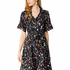 Allegra K Women's Belted Slit Hem Bell Sleeve A-line Floral Dress