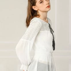 Allegra K Women's Lace Panel Tassel Tie Neck Smocked Waist Embroidery Peplum Top