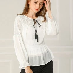 Allegra K Women's Lace Panel Tassel Tie Neck Smocked Waist Embroidery Peplum Top