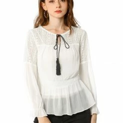 Allegra K Women's Lace Panel Tassel Tie Neck Smocked Waist Embroidery Peplum Top