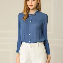 Allegra K Women's Ruffle Contrast Trim Shirt Bracelet Sleeve Button Up Blouse