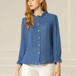 Allegra K Women's Ruffle Contrast Trim Shirt Bracelet Sleeve Button Up Blouse