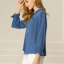 Allegra K Women's Ruffle Contrast Trim Shirt Bracelet Sleeve Button Up Blouse