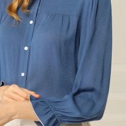 Allegra K Women's Ruffle Contrast Trim Shirt Bracelet Sleeve Button Up Blouse