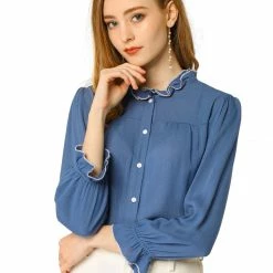 Allegra K Women's Ruffle Contrast Trim Shirt Bracelet Sleeve Button Up Blouse