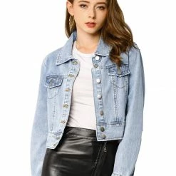 Allegra K Women's Casual Crop Button Down Basic Washed Jean Denim Jacket