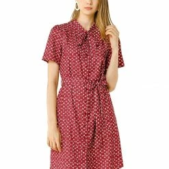 Allegra K Women's Dot Printed Tie Neck Button Down Belt Vintage Dress