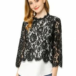 Allegra K Women's Lace Floral Trim Tops Ruffle Neck See-Through Blouse