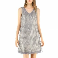 Allegra K Women's Sequin Sleeveless V Neck Above Knee Fringe Shift Party Dress
