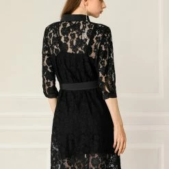 Allegra K Women's Lace Semi Sheer Tie Waist Belted Turn Down Collar 1/2 Sleeve Solid Below Knee Floral Button Down Shirt Dress