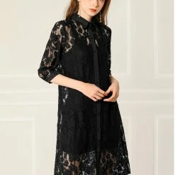 Allegra K Women's Lace Semi Sheer Tie Waist Belted Turn Down Collar 1/2 Sleeve Solid Below Knee Floral Button Down Shirt Dress