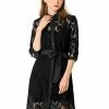 Allegra K Women's Lace Semi Sheer Tie Waist Belted Turn Down Collar 1/2 Sleeve Solid Below Knee Floral Button Down Shirt Dress