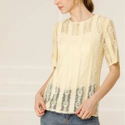 Allegra K Women's Lace Semi Sheer Short Sleeve Vintage Tops Shirts